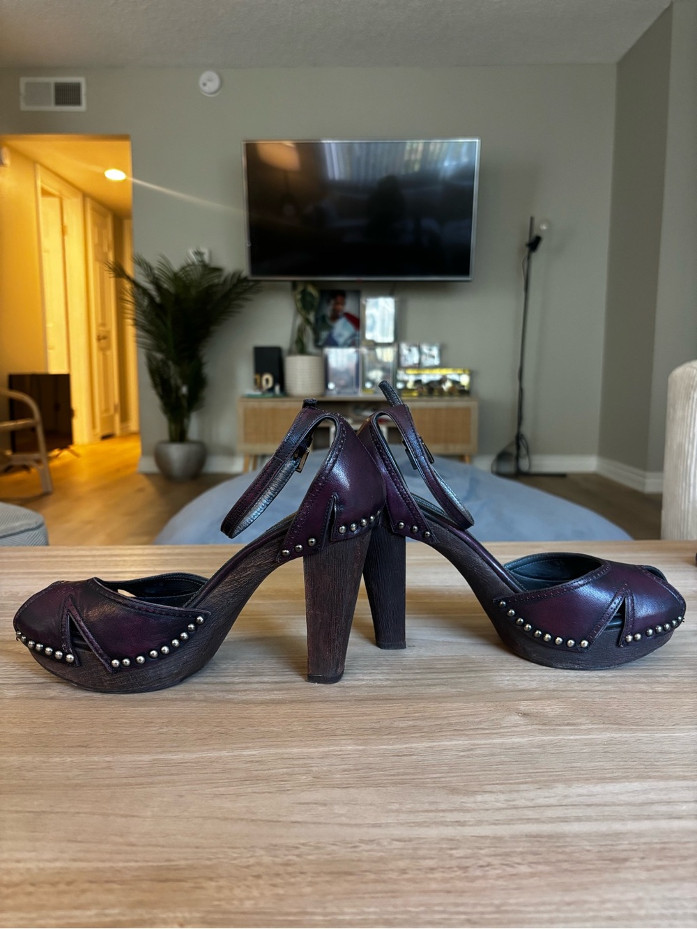 Prada Burgundy Studded Platform Heels